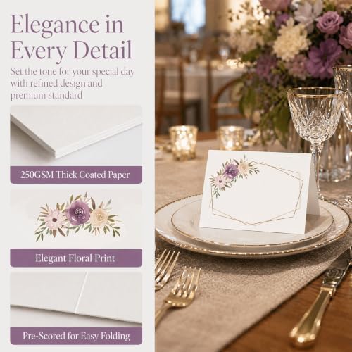 60 Pcs Floral Place Cards for Table Setting, 3.3" x 2" Frosted Tent Name Cards with Pre Folded Line, DIY Blank Seat Cards for Wedding Bridal Shower Thanksgiving Birthday Party Banquet