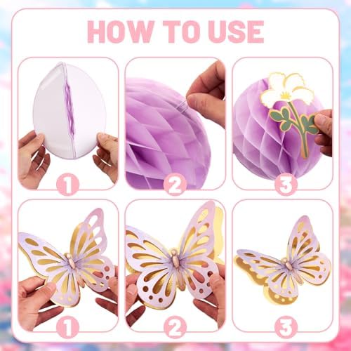 Paper Jazz Pastel Butterfly Decorations Hanging Paper Flowers Honeycomb Birthday for Fairy Party,Spring Theme Decor for Wildflower First Birthday,Tea,Garden Party,Classroom,Bulletin Board
