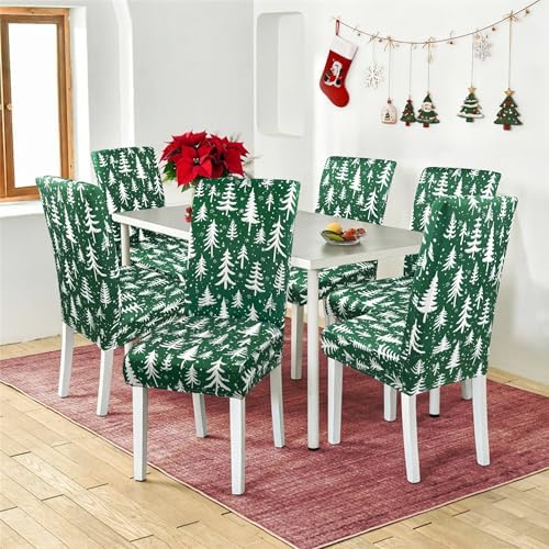 Christmas Chair Covers for Dining Room Set of 6 Green Christmas Tree Dining Chair Protectors 6 Pcs Stretch Removable Washable Chair Slipcovers 6 Pack for Winter Xmas Holiday Home and Party Decor
