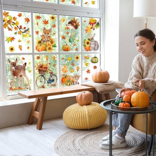 68Pcs Fall Window Clings, Fall Window Stickers for Autumn Thanksgiving Party Decor