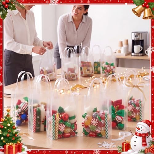 Pajean 25 Pcs Christmas Plastic Gift Bags with Handles, Xmas Tree Pouches