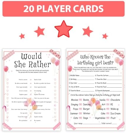 ALodr 20 Pcs Who Knows the Birthday Girl Best, Would She Rather Games for Girl Birthday Party, Funny Birthday Party Games, Double Sided, 5x7 Inches