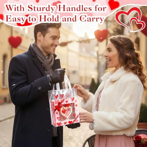 Pajean 25 Pcs Red Heart Plastic Gift Bags with Handles, 5.9 x 8.7 x 3.1 Inch Heart Design PE Treat Bags, Red and Pink Candy Goodie Pouches for Classroom Exchange, Party Favor, Wedding Supplies