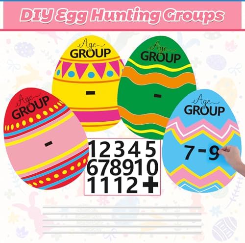 Jetec 5 Pcs Easter Egg Hunt Signs with Age Group Stickers Egg Hunt Age Group Yard Set 16" Tall×12" Wide Easter Outdoor Lawn Decorations for Spring Home School Pathway Garden Decor Game Party Supplies