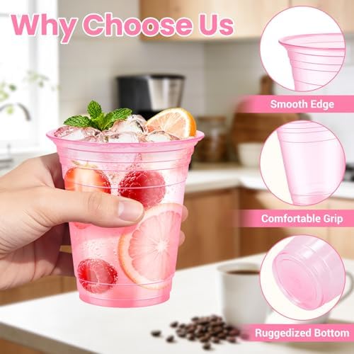 50 Pcs Clear Pink Plastic Cups, 12 oz Disposable Cups for Party