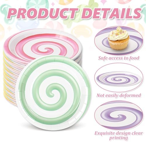 Whaline Candyland Party Paper Plates 9 Inch Pastel Disposable Salad Dessert Plates 6 Colors Lollipop Tableware for Sweet Shop Themed Birthday Baby Shower Supplies, 24 Pcs