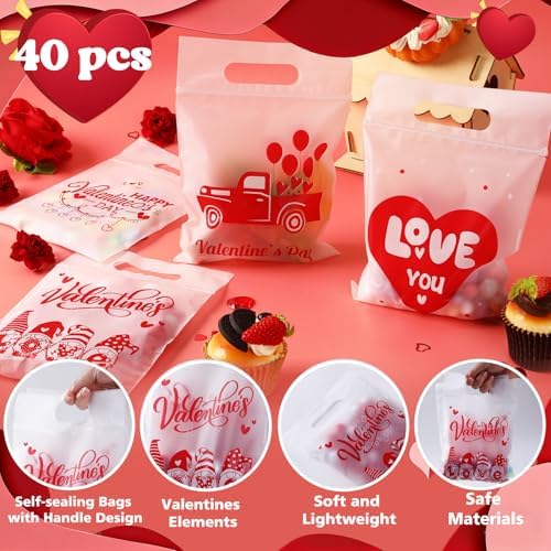 Valentines Cellophane Gift Bags, 40 PCS Valentines Treat Bags, Plastic Valentine Candy Cookies Snacks Goodies Sealing Bag with Handles for Valentine's Day Kids Party Favor Supplies Classroom Exchange