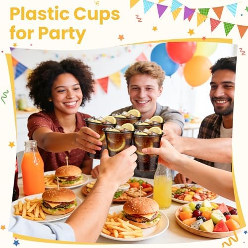 50 Pcs Clear Black Plastic Cups, 12 oz Disposable Cups for Party