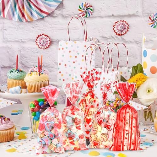 Valentine Treat Bags, 200 Pcs Valentines Cellophane Bags, Plastic Clear Red Valentine Candy Cookie Gift Goodie Snack Bag with 100 Pcs Twist Ties for Valentines Wedding Party Favor Supplies, 5 Styles
