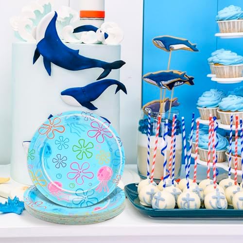 Whaline 40 Pcs Cartoon Sponge Paper Plates Flower Bubble Jellyfish Disposable Plates 9 Inch Under The Sea Party Tableware for Ocean Birthday Baby Shower Table Decor Supplies