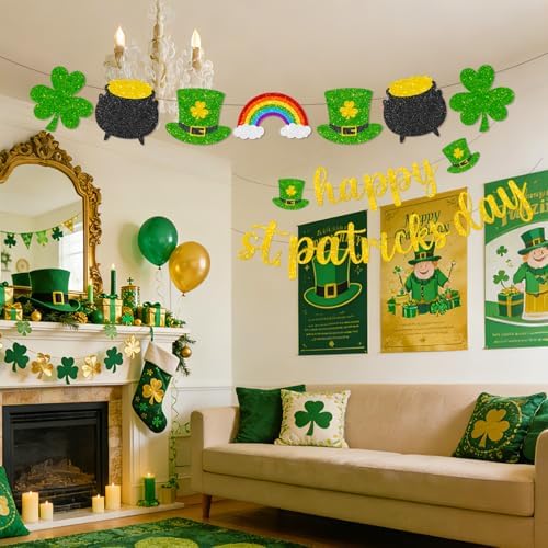 Pre-Strung Happy St. Patrick's Day Banner, Glitter Shamrock Garland with Leprechaun Hats, Rainbows & Clovers, St Patrick's Day Decorations for Party