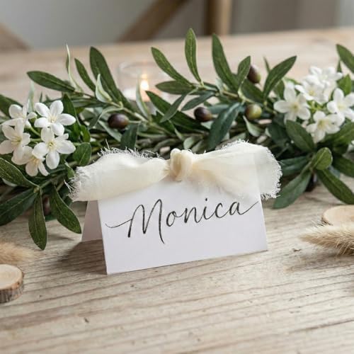 50Pcs Premium Place Cards, Small Table Cards with White Ribbon, 2" x 3.5" Tent Card, Name Card, Wedding Place Cards for Wedding, Valentines Day, Table, Dinner Parties, Seating Card