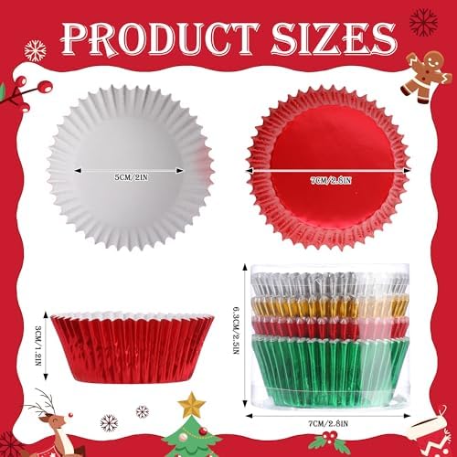 100PCS Christmas Cupcake Liners Red Green Gold Silver Foil Baking Cups Standard Muffin Cupcake Wrappers for Xmas Carnival Wedding Baby Shower Birthday Party