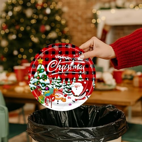 50 Count Red Christmas Paper Plates 9 Inch Xmas Dinner Plates Disposable Round Holiday Appetizer Plaid Plates for Santa Cake Snack Cocktail Birthday Merry Christmas Party Supplies Tableware