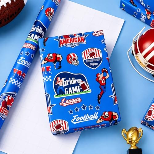 Yarcony Football Wrapping Paper, Vintage Football Gridiron Game Gift Wrapping Paper for Birthday, Sports Themed Party, Super Bowl, Kids Birthday, Holiday, Fathers Day (17 In x 16.5 Ft, Mini Roll)