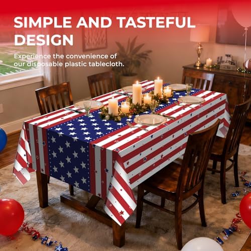 6 Pack American Flag Tablecloth, 4th of July Patriotic Table Cover (54"x108") Disposable Plastic Table Cloth, Decorations for Veterans Day, Patriotic, Memorial, Fourth of July, Independence