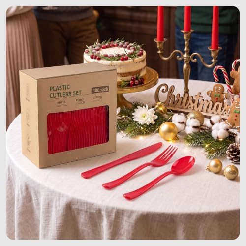 300Pcs Red Plastic Silverware Set, Full Size Disposable for Dinner