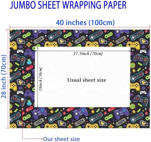 Cuitpan Gaming Wrapping Paper - 4 Jumbo Sheets, 28 * 40 Inches, Video Game Console and Black Starry Sky Design, for Boys Birthday, Gaming Party & Holiday Gifts