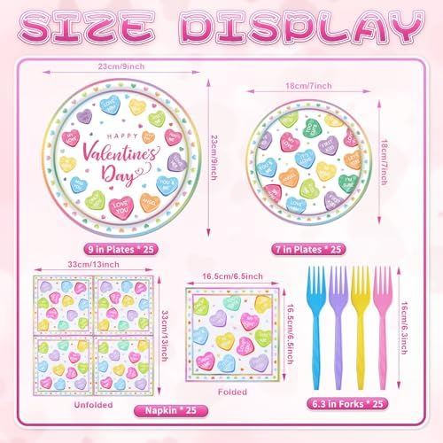 100 Pieces Valentine’s Day Party Tableware Set – Candy Heart Plates, Napkins and Forks, Love Heart Disposable Dinnerware for Valentine Classroom Party and Birthday Supplies