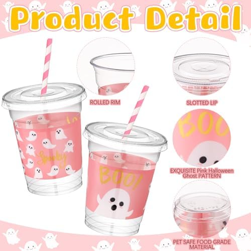Jingmore 50 Pcs Pink Halloween Ghost Plastic Clear Cups with Lids Straws