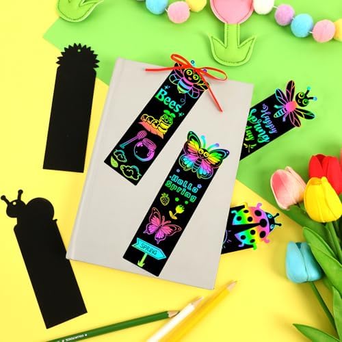 JUNEBRUSHS Spring Scratch Bookmarks, 30PCS Crafts for Kids DIY Rainbow Scratch Art, Spring Activities for Kids Art Project with 6 Designs, 30 Strings and 12 Sticks