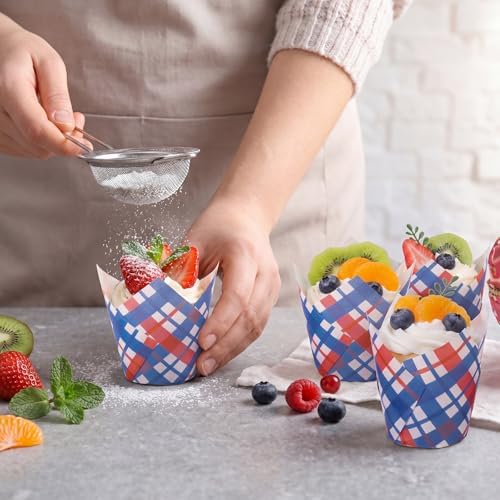Maxdot 200 Pcs Red Blue Plaid Tulip Cupcake Liners for Baking 4th of July Paper Muffin Baking Cups Patriotic Gingham Tulip Muffin Liners Wrappers for Independence Day Memorial Day Party Supplies