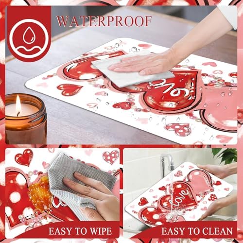 6 Set Valentine's Day Placemats, 11x16 Inch Love Heart and Bead Plastic Placemats Red Pink Hearts Spring Holiday Table Mats for Wedding Party Festival Decor