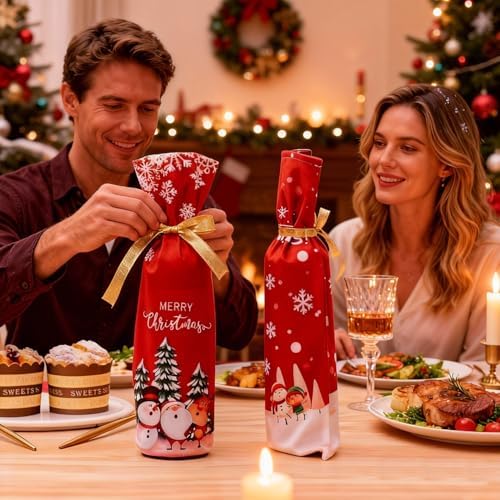 Yahpetes Christmas Wine Bottle Bag 2Pcs Xmas Gift Bags Santa Clause, Snowman Red Wine Bottle Cover Bags with Drawstring for Christmas Party Decorations