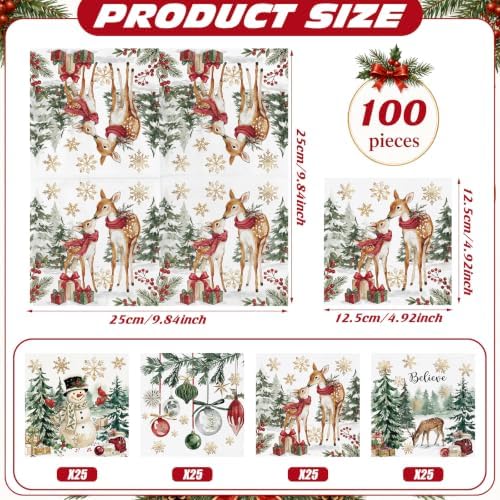 Fulmoon 100 Pcs Christmas Cocktail Paper Napkins Disposable Vivid 4 Style