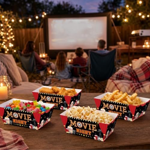 100 Pcs Black Red Movie Night Paper Food Trays, Pre-Folded Disposable Snack Boats for Popcorn, Candy, Fries, Nachos, Snacks, Cinema Party Supplies, Home Theater Serving Trays