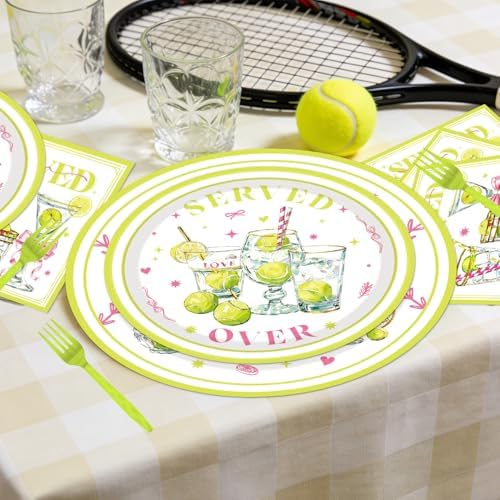 96Pcs Tennis Party Decorations Tableware Set Tennis Served Birthday Paper Plates Napkins Forks Softball Ball Sports Games Theme Baby Shower Party Supplies Serve 24 Guests