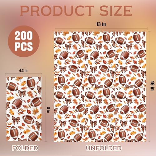 Fall Football Bow Disposable Paper Napkins, 2-Ply Soft Absorbent Guest Towels for Thanksgiving Harvest Autumn Sports Party Bathroom Dinner, 200 Count