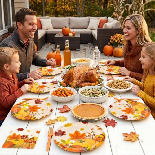 96 Pieces Thanksgiving Pumpkin Tableware Set – Disposable Fall Harvest Paper Plates and Napkins for Thanksgiving Dinner, Friendsgiving, Autumn Harvest Party and Fall Gatherings – Serves 24