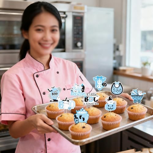 Rsstarxi 40 Pack Halloween Baby Shower Cupcake Topper Spooky Witch Cupcake Picks A Baby Is Brewing Cake Decorations for Happy Halloween Boo Gneder Reveal Boys Birthday Party Supplies Blue