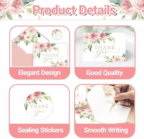 100 Pack Pink Thank You Cards with Envelopes, Floral Thank You Cards