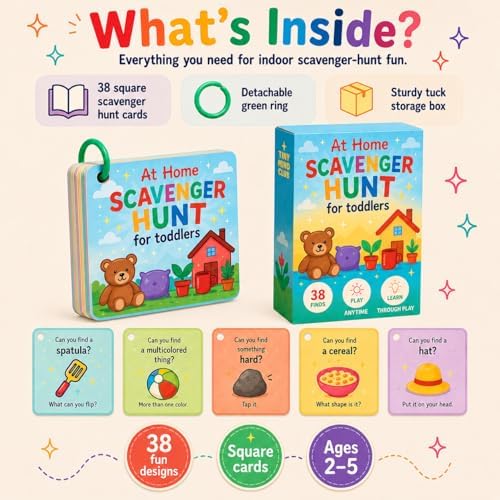 Indoor Scavenger Hunt Cards for Toddlers Ages 3-5, Screen-Free Montessori Learning Game & Educational Flash Cards, At-Home Activity, 20 Double-Sided Cards on a Safe Ring