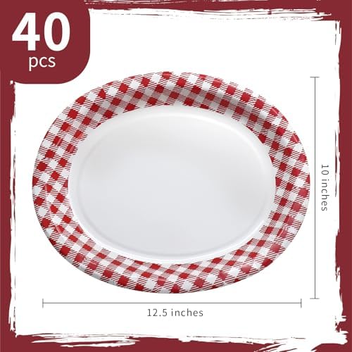 40Pcs Red Gingham Oval Paper Plates 10" x 12",Large Disposable Heavy Duty Paper Plates Red and White Plaid Party Platter for BBQ Picnic Birthday Wedding Baby Shower
