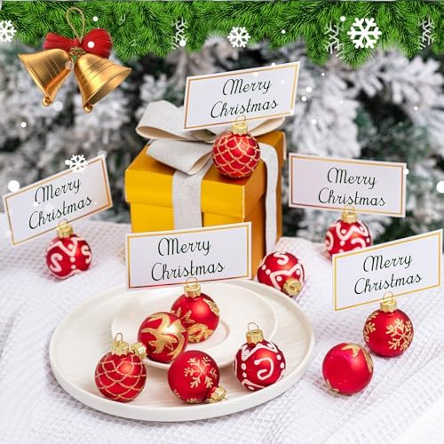 Nitial 24 Pcs Christmas Ornament Place Card Holders with Name Cards for Table Setting Red Gold Glass Ornaments Table Number Name Card Holders for Xmas Party Wedding Anniversary Birthday, 1.57 Inch