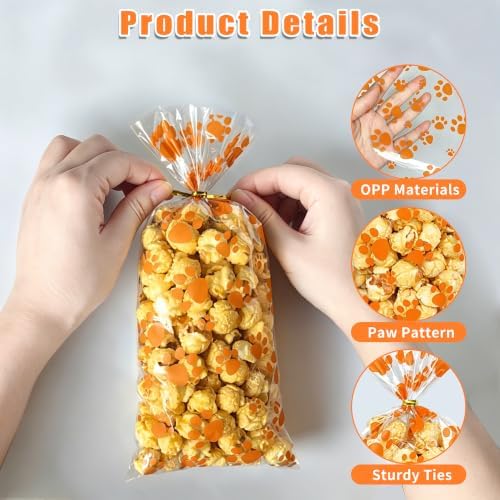 ZYLOP 50Pcs Dog Treat Bags - 5 x 11 Inch Clear Orange Dog Cellophane Treat Bags with 60 Gold Twist Ties for Pet Treats, Cookies & Candy, Paw Print Bags for Fall Parties and Party Favors