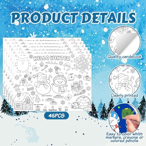 45pcs Winter Coloring Placemats for Kids Disposable Coloring Poster Hello Winter Gifts School Classroom Activities Chirstmas Paper Table Mats