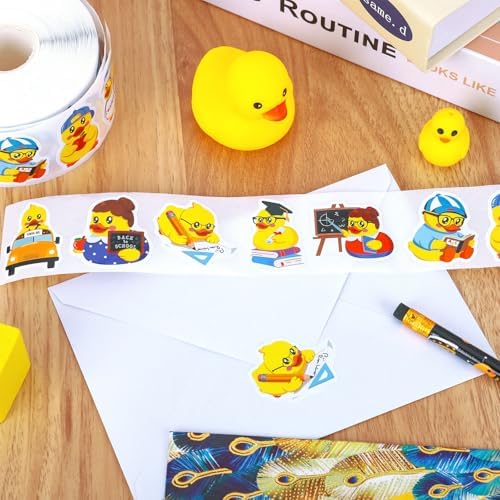 Whaline 1000 Pcs Back to School Rubber Duck Roll Stickers Self-Adhesive Funny Yellow Duck Label Decals for Envelope Water Bottle Scrapbook Decor Birthday Party Supplies