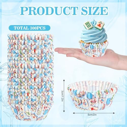 JarThenaAMCS 300Pcs Mahjong Cupcake Liners Blue Paper Baking Cups Standard Muffin Cupcake Wrappers for Birthday Game Night Theme Party Supplies