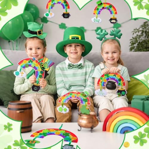 Funrous 48 Sets Crafts Kit Paper Crafts DIY Make Your Own Hanging Ornaments with Pompoms Diamond Stickers for Holiday Classroom Activities Party Favors, St. Patrick's Rainbow