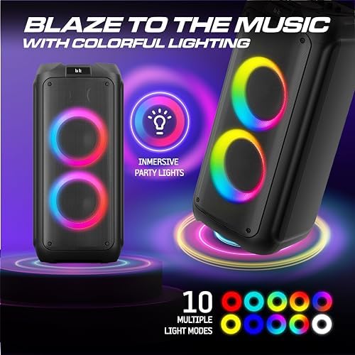 Philips Bluetooth Party Speaker, 120W Powerful Sound with Dynamic Bass Boost, 10 RGB Light Modes, Karaoke Mic & Guitar Inputs, FM Radio, USB/TF/AUX Playback, Portable Handle, Remote Control (Cordless)