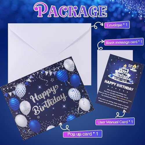 APOTODITO Musical Birthday Cards, 3D Pop Up Card with Music and Light, Firework Birthday Cards with Interactive Blowable Candle, Gift for Her Him Mom Grandma Wife Husband (Blue and Silver)
