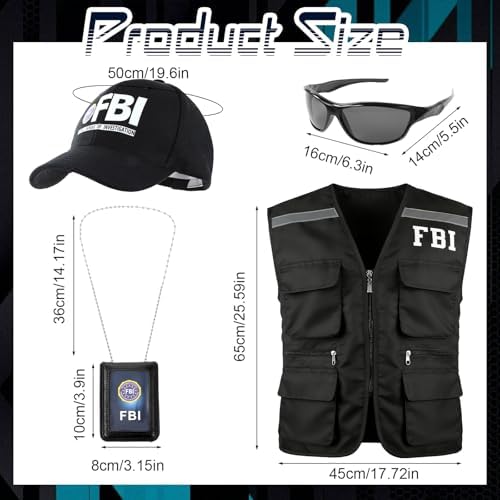 4pcs FBI Costume Men Women, FBI Agent Costume Include Vest Hat Badge and Police Sunglasses for Roleplay Halloween Party