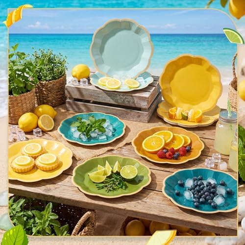 72 Pcs Summer Lemon Paper Plates 9 Inch Blue and Yellow Gradient Scalloped Paper Disposable Dinner Dessert Plates for Summer Birthday Wedding Bridal Party Supplies, 6 Colors