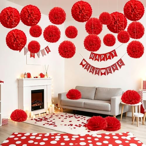 Recosis Red Party Decorations, 18 Pcs Paper Pom Poms Decorations