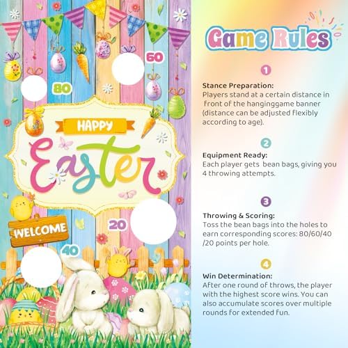 Easter Party Games Set Bean Bag Toss Game for Adults Banner with 4 Bean Bags for Tossing Bunny Egg Easter Party Decoration Indoor Outdoor Festive Decor