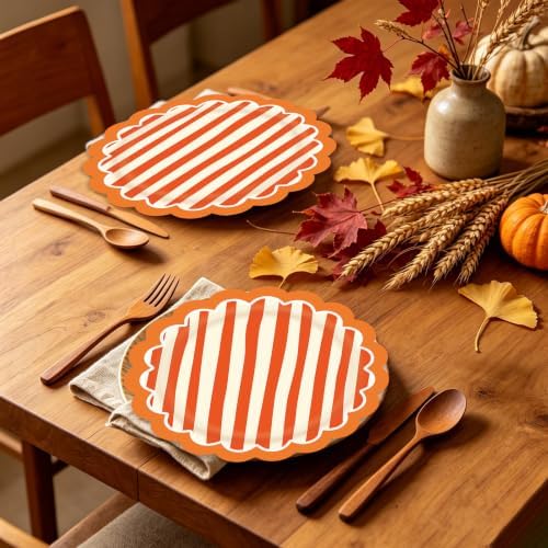 JarThenaAMCS 30Pcs Orange Stripe Paper Plates Fall Scalloped Disposable Plate Striped Dessert Plate for Autumn Thanksgiving Birthday Bridal Baby Shower Wedding Party Table Decor